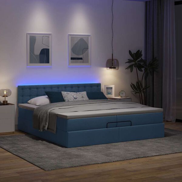 vidaXL Ottoman-Bett mit Matratzen & LEDs Blau 200x200 cm Stoff