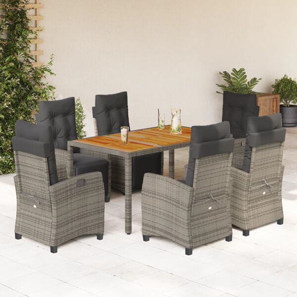 vidaXL 7-tlg. Garten-Essgruppe mit Kissen Grau Poly Rattan