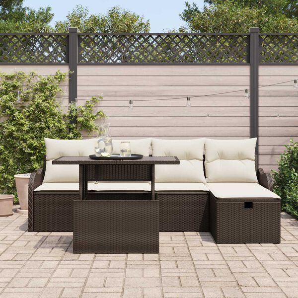 vidaXL Garten-Sofa-Set mit Kissen mit Speicher 6 pcs Braun Poly Rattan