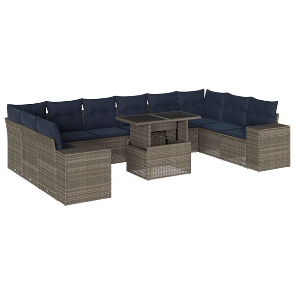 vidaXL 11-teiliges Gartensofa-Set mit Kissen, grau, Polyrattan