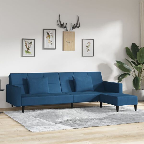 vidaXL Schlafsofa 2-Sitzer mit 2 Kissen & Hocker Blau Samt