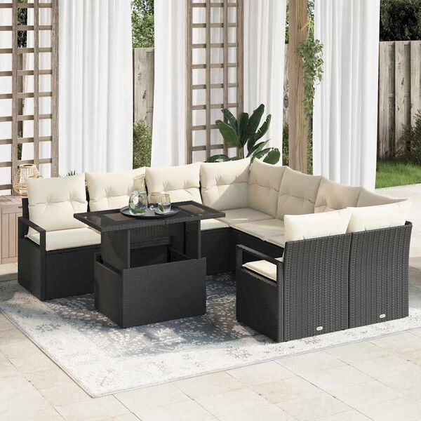 vidaXL Gartensofa-set mit Speicher 9 pcs Schwarz und Creme Poly-Rattan