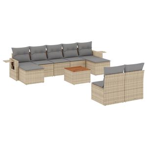 vidaXL 10-tlg. Garten-Sofagarnitur mit Kissen Beige Poly Rattan