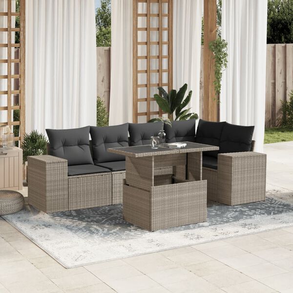 vidaXL 6-tlg. Garten-Sofagarnitur mit Kissen Hellgrau Poly Rattan