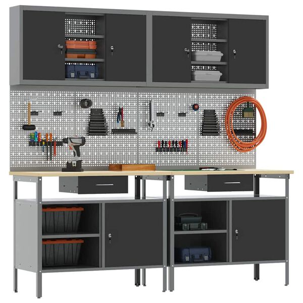 vidaXL Werkbank-Set mit Regal 8 pcs Schwarz 200 x 55 x 200 cm Stahl