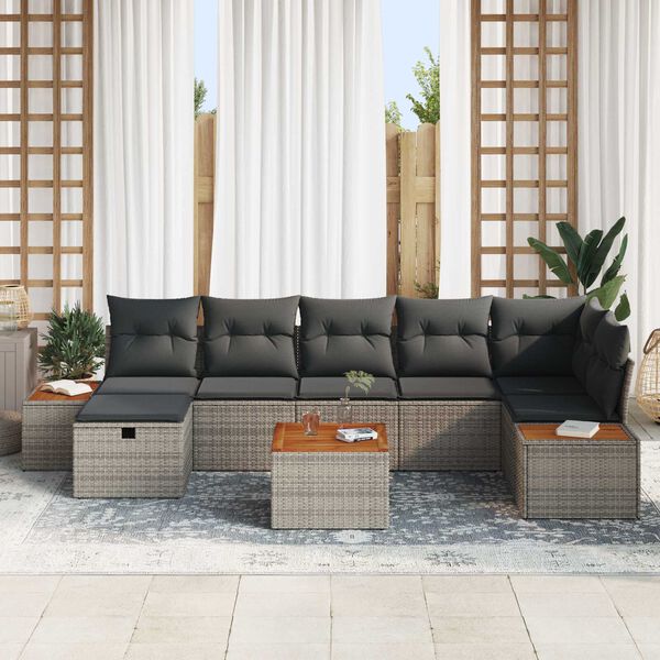 vidaXL Garten-Sofa-Set mit Kissen mit Speicher 8 pcs Grau Poly-Rattan