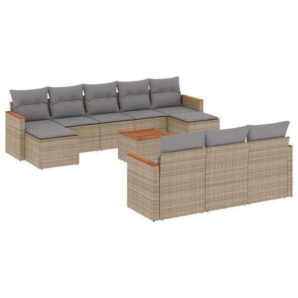 vidaXL 11-tlg. Garten-Sofagarnitur mit Kissen Beige Poly Rattan