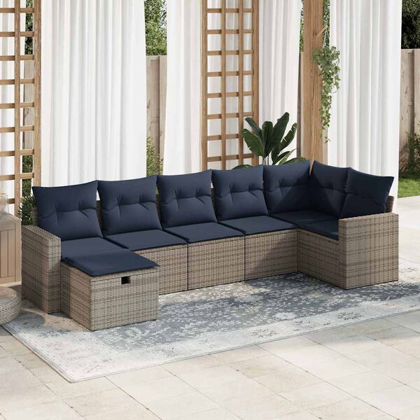 vidaXL 7-tlg. Garten-Sofagarnitur mit Kissen Grau Poly Rattan