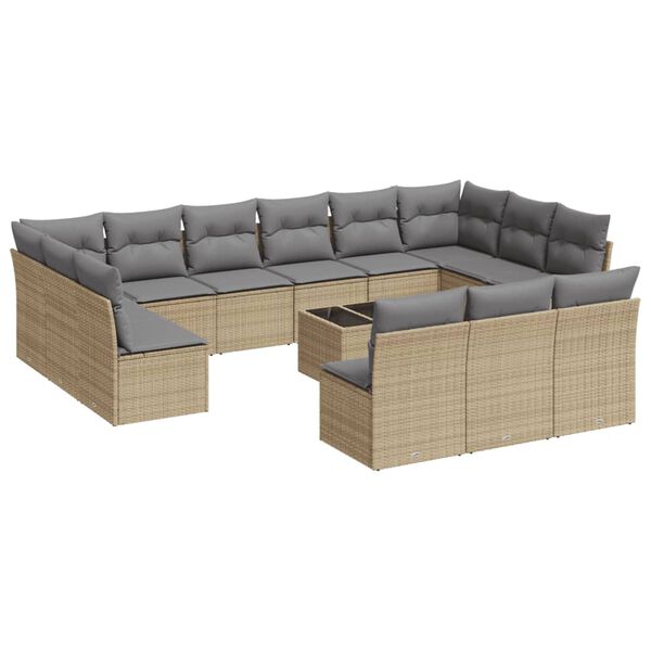 vidaXL 14-tlg. Garten-Sofagarnitur mit Kissen Beige Poly Rattan
