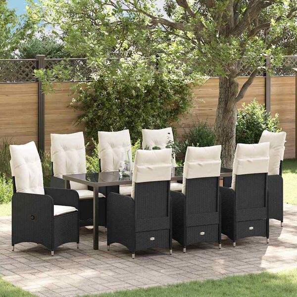vidaXL Garten Essgruppe mit Kissen 9 pcs Schwarz Poly-Rattan