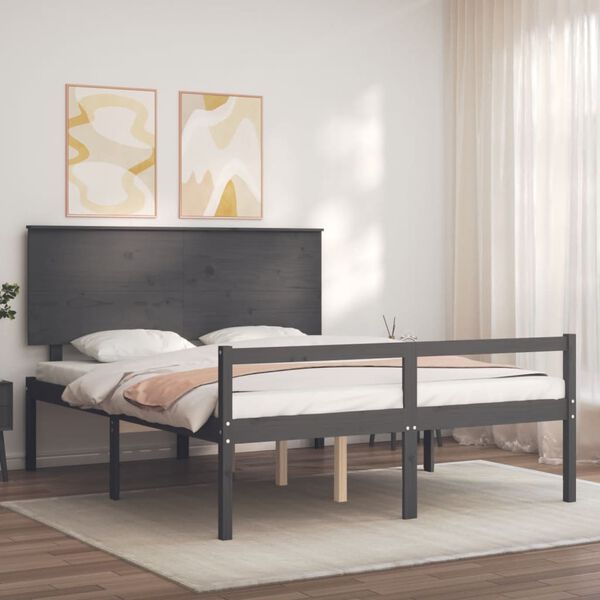 vidaXL Seniorenbett mit Kopfteil 160x200 cm Grau Massivholz