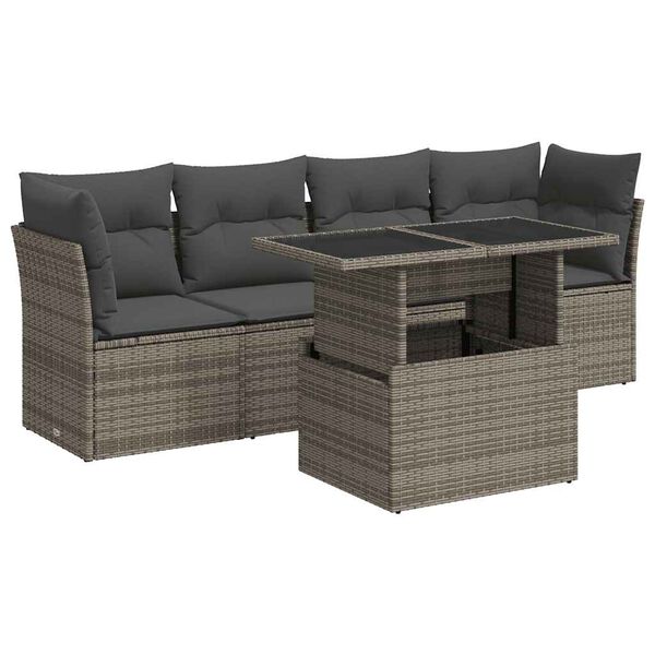 vidaXL 5-tlg. Garten-Sofagarnitur mit Kissen Grau Poly Rattan