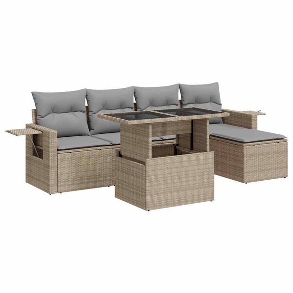 vidaXL 6-tlg. Garten-Sofagarnitur mit Kissen Beige Poly Rattan