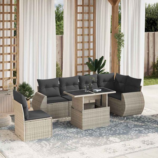 vidaXL 7-tlg. Garten-Sofagarnitur mit Kissen Hellgrau Poly Rattan