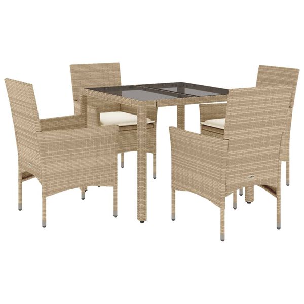 vidaXL 5-tlg. Garten-Essgruppe mit Kissen Beige Poly Rattan und Glas