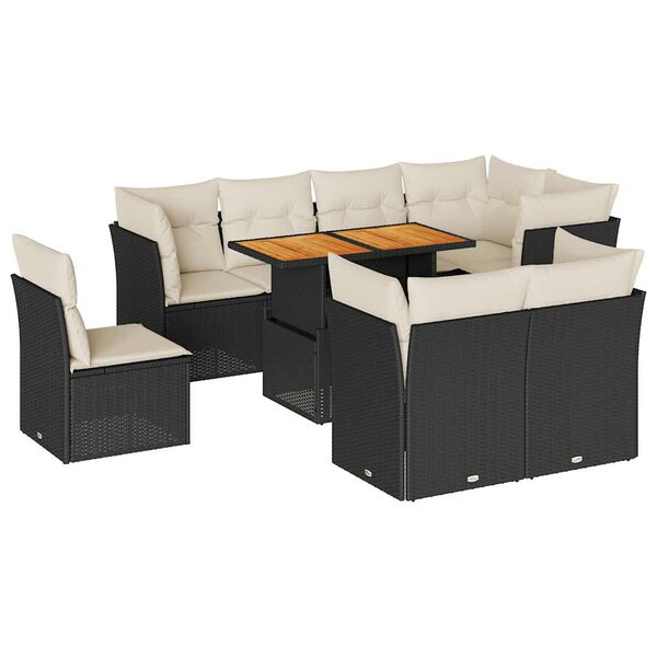 vidaXL 9-tlg. Garten-Sofagarnitur mit Kissen Schwarz Poly Rattan