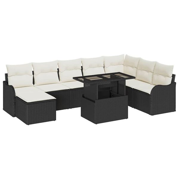 vidaXL Garten-Sofa-Set mit Kissen 9 pcs Schwarz Poly Rattan