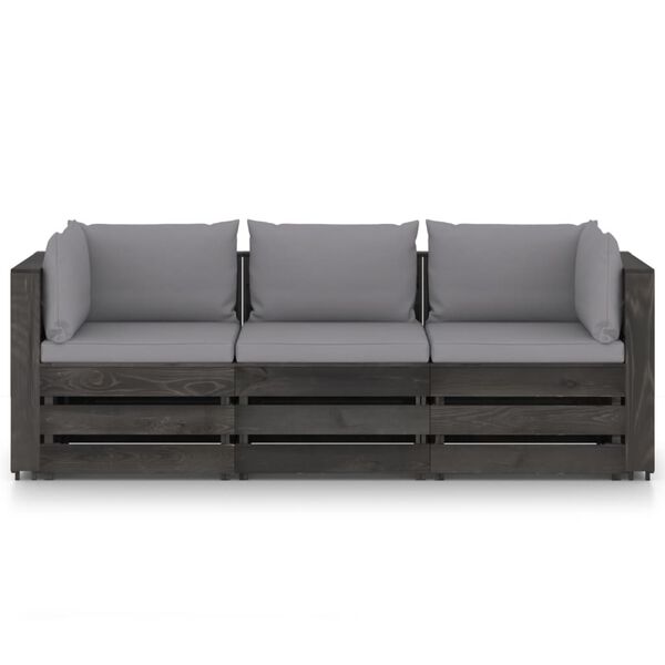vidaXL 3-Sitzer Outdoor-Sofa mit Kissen Grau Impr&auml;gniertes Kiefernholz