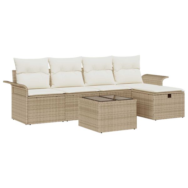 vidaXL Garten-Sofa-Set mit Kissen mit Speicher 6 pcs Beige Poly Rattan