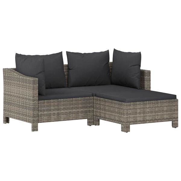 vidaXL 3-tlg. Garten-Lounge-Set mit Kissen Grau Poly Rattan