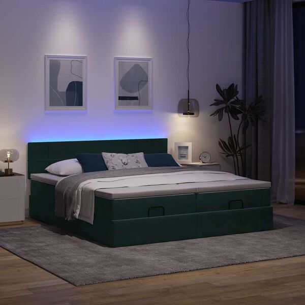 vidaXL Ottoman-Bett mit Matratzen & LEDs Dunkelgrün 180x200 cm Samt