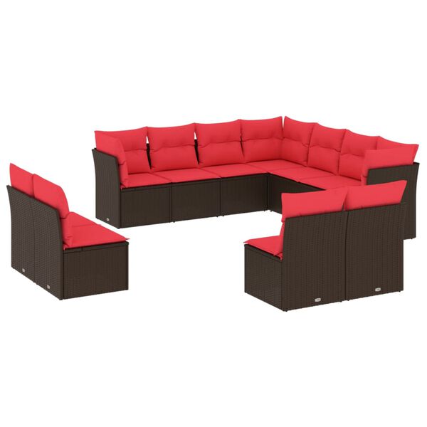 vidaXL 11-tlg. Garten-Sofagarnitur mit Kissen Braun Poly Rattan
