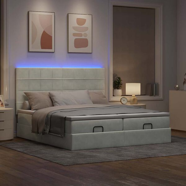 vidaXL Ottoman-Bett mit Matratzen & LEDs Hellgrau 200x200 cm Samt