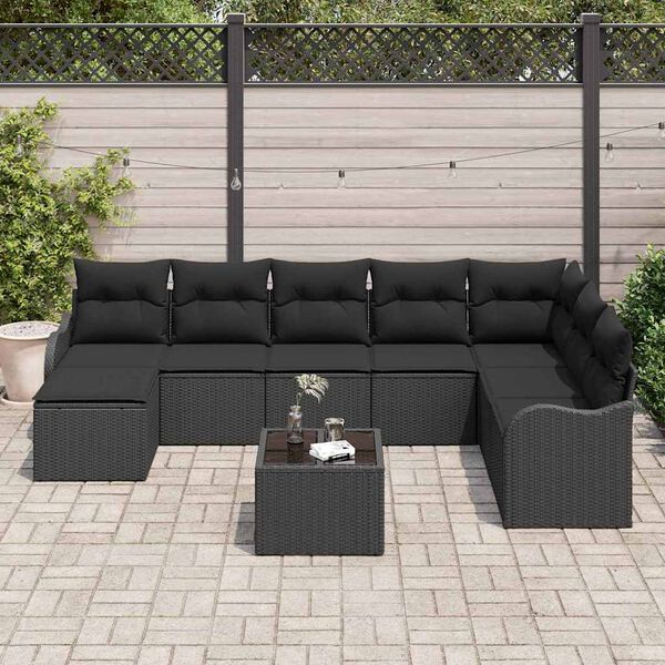 vidaXL Garten-Sofa-Set mit Kissen 9 pcs Schwarz Poly Rattan