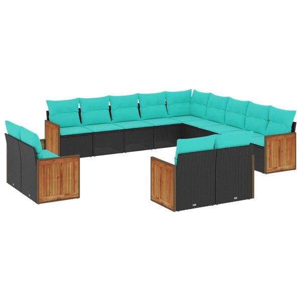 vidaXL 13-teiliges Gartensofa-Set mit Kissen, schwarzes Polyrattan