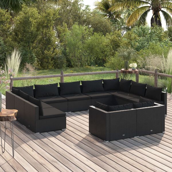 vidaXL 11-tlg. Garten-Lounge-Set mit Kissen Schwarz Poly Rattan