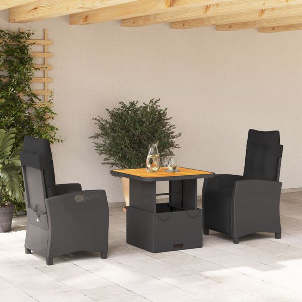 vidaXL 3-tlg. Garten-Essgruppe mit Kissen Schwarz Poly Rattan