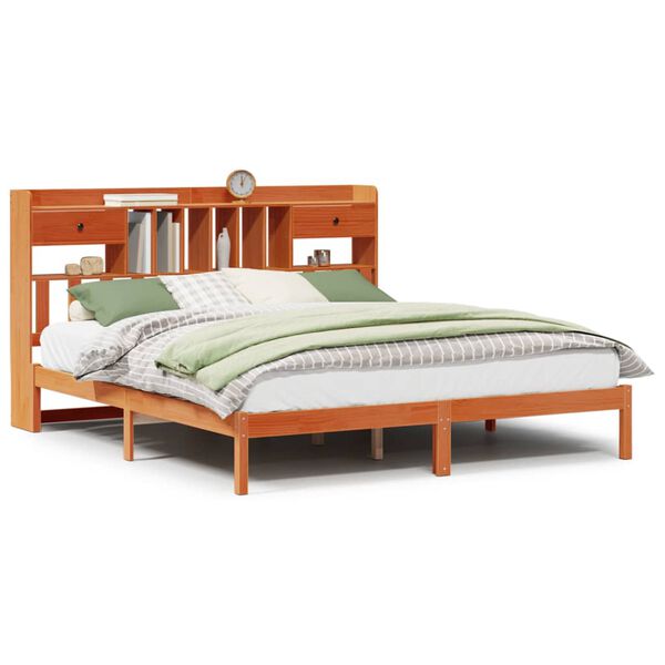 vidaXL Massivholzbett mit Regal ohne Matratze Wachsbraun 200x200 cm
