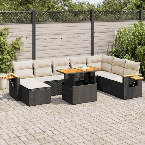 vidaXL 9-tlg. Garten-Sofagarnitur mit Kissen Schwarz Poly Rattan