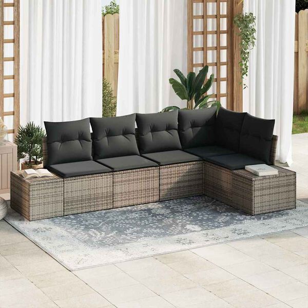 vidaXL Garten-Sofa-Set mit Kissen mit Speicher 5 pcs Grau Poly-Rattan