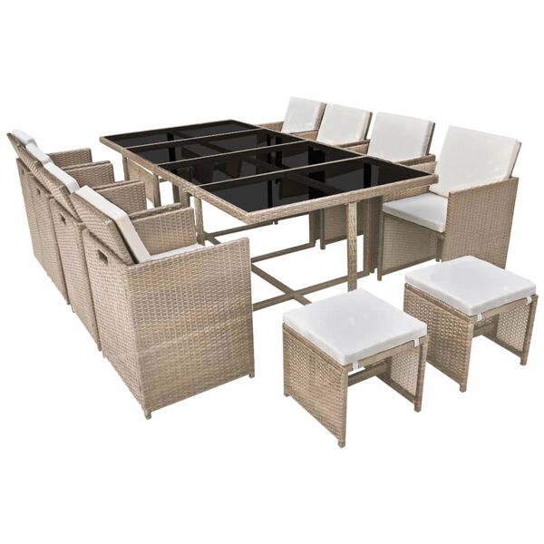 vidaXL 13-tlg. Garten-Essgruppe mit Auflagen Poly Rattan Beige