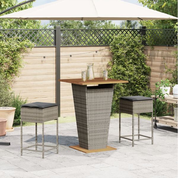 vidaXL 3-tlg. Gartenbar-Set mit Kissen Grau Poly Rattan