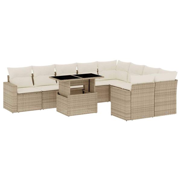vidaXL 10-tlg. Garten-Sofagarnitur mit Kissen Beige Poly Rattan