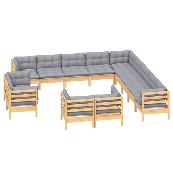 vidaXL 13-tlg. Garten-Lounge-Set mit Grauen Kissen Massivholz Kiefer