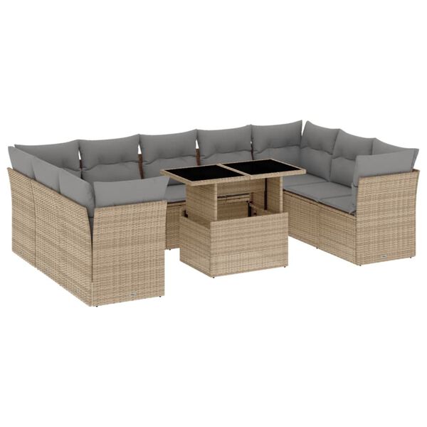 vidaXL 10-tlg. Garten-Sofagarnitur mit Kissen Beige Poly Rattan
