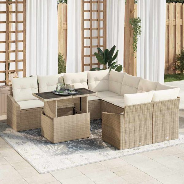vidaXL Garten-Sofa-Set mit Speicher 9 pcs Beige Poly Rattan