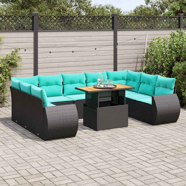 vidaXL 10-tlg. Garten-Sofagarnitur mit Kissen Schwarz Poly Rattan