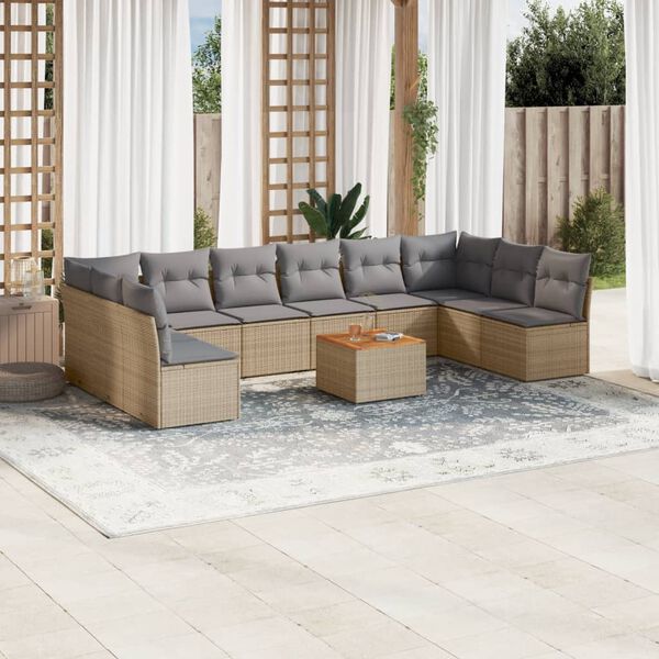 vidaXL 11-tlg. Garten-Sofagarnitur mit Kissen Beige Poly Rattan