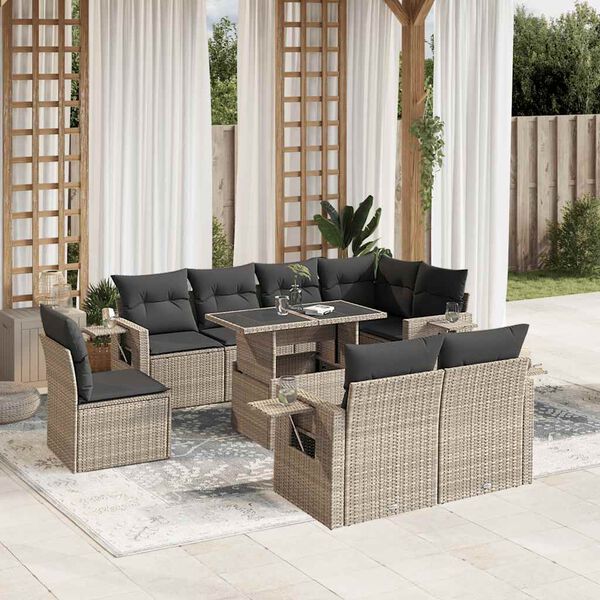 vidaXL 9-tlg. Garten-Sofagarnitur mit Kissen Hellgrau Poly Rattan