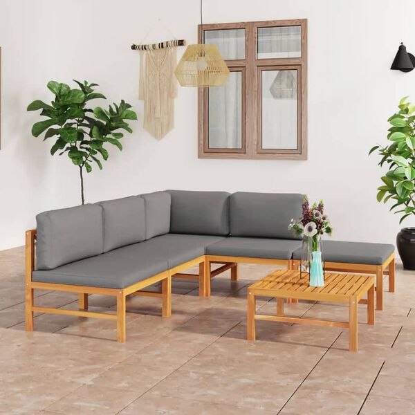vidaXL 6-tlg. Garten-Lounge-Set mit Grauen Kissen Massivholz Teak