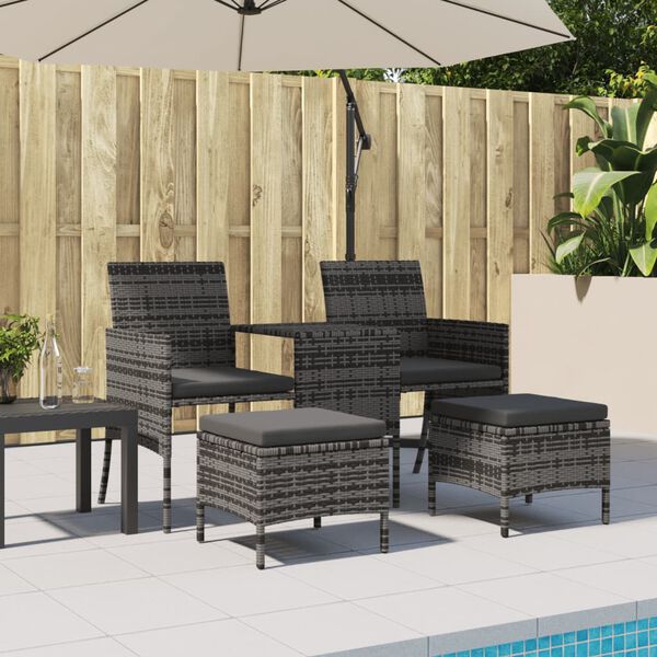 vidaXL 2-Sitzer-Gartensofa mit Teetisch und Hocker Poly Rattan Grau
