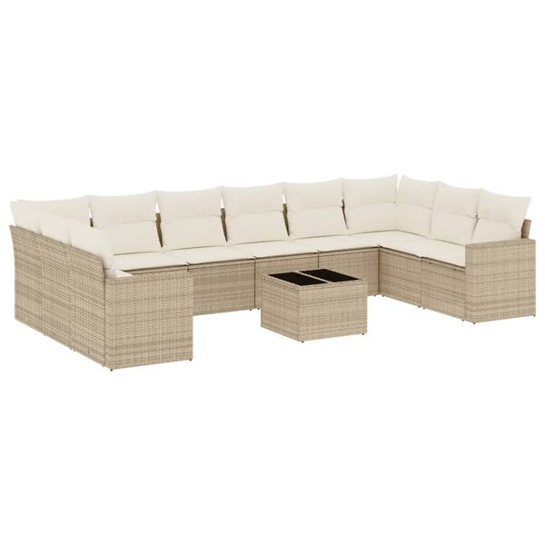 vidaXL 11-tlg. Garten-Sofagarnitur mit Kissen Beige Poly Rattan