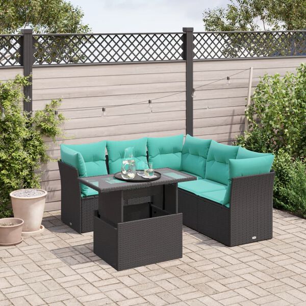 vidaXL 6-teiliges Gartensofa-Set mit Kissen, schwarzes Polyrattan