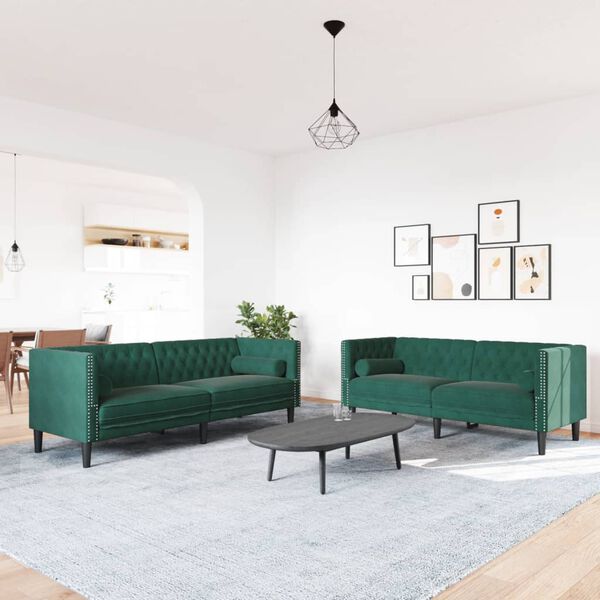 vidaXL 2-tlg. Chesterfield-Sofa-Set mit Nackenrollen Dunkelgrün Samt
