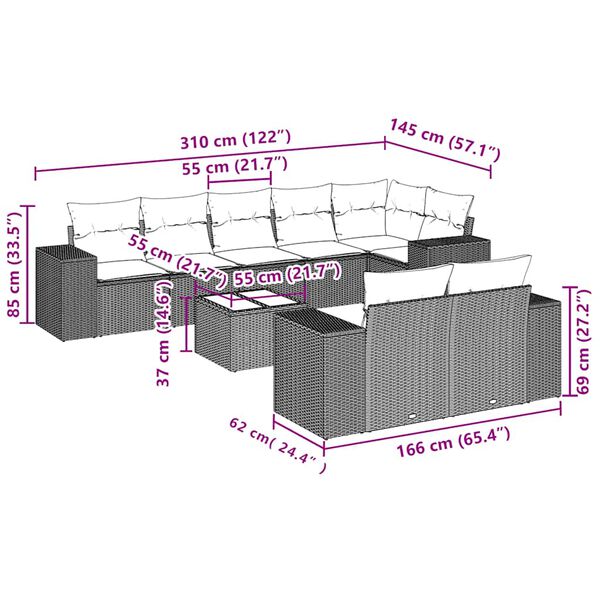 vidaXL 9-tlg. Garten-Sofagarnitur mit Kissen Hellgrau Poly Rattan