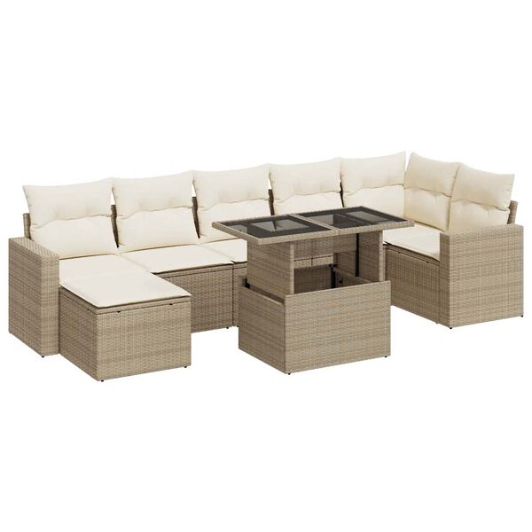 vidaXL 8-tlg. Garten-Sofagarnitur mit Kissen Beige Poly Rattan